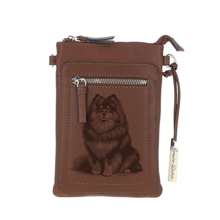 Personalised Finnish Lapphund Sitting Engraved Leather Crossbody Smart Phone Bag