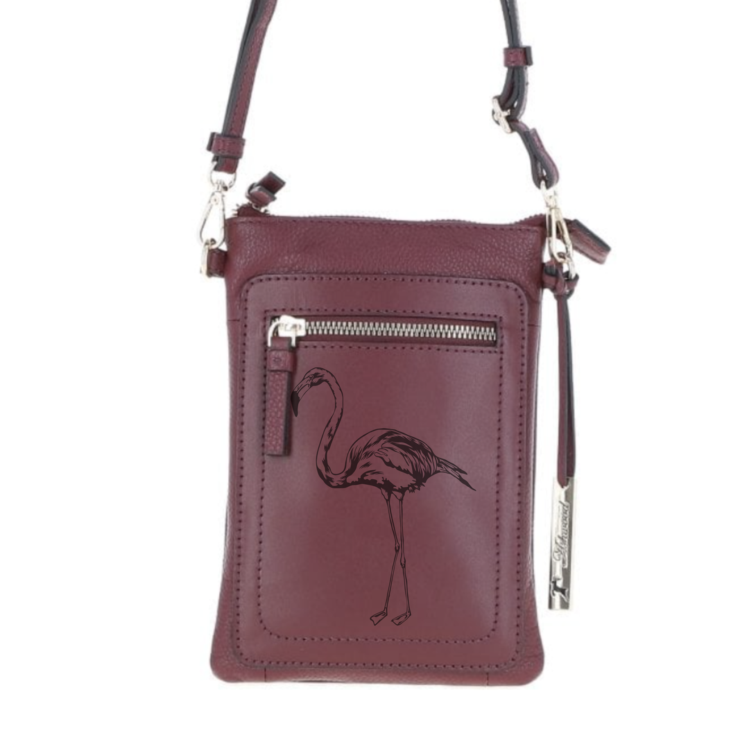 Personalised Flamingo Engraved Leather Crossbody Smart Phone Bag