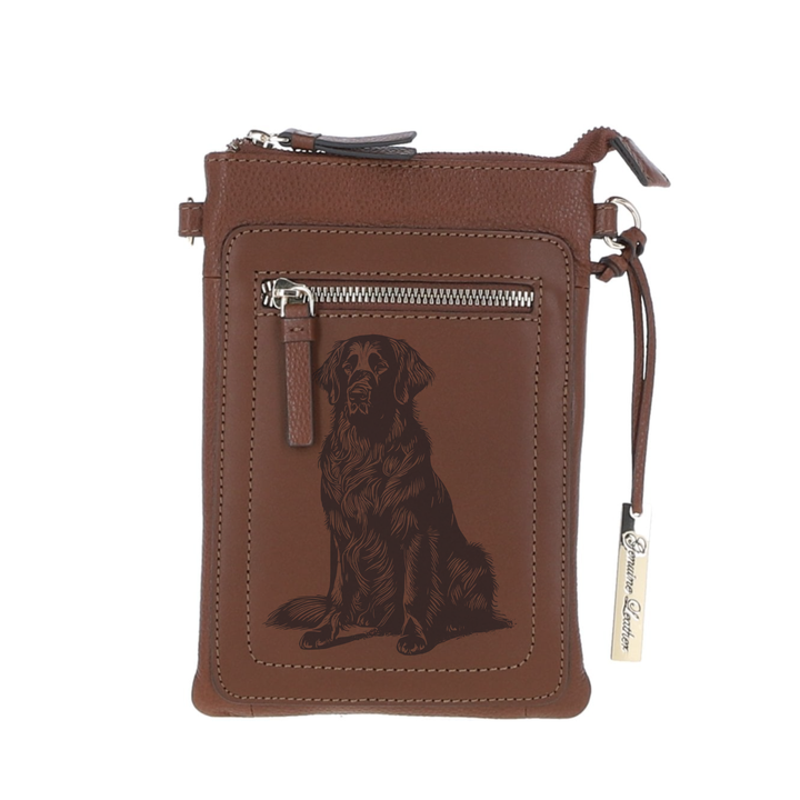 Personalised Flat Coated Retriever Sitting Engraved Leather Crossbody Smart Phone Bag