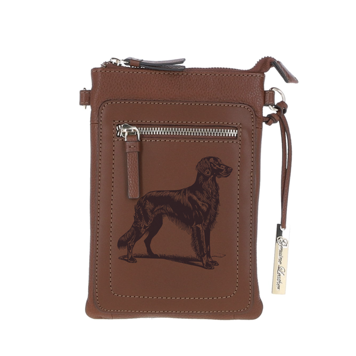 Personalised Flat Coated Retriever Standing Engraved Leather Crossbody Smart Phone Bag