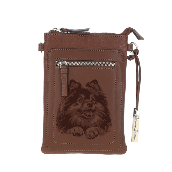 Personalised German Spitz Paws Engraved Leather Crossbody Smart Phone Bag