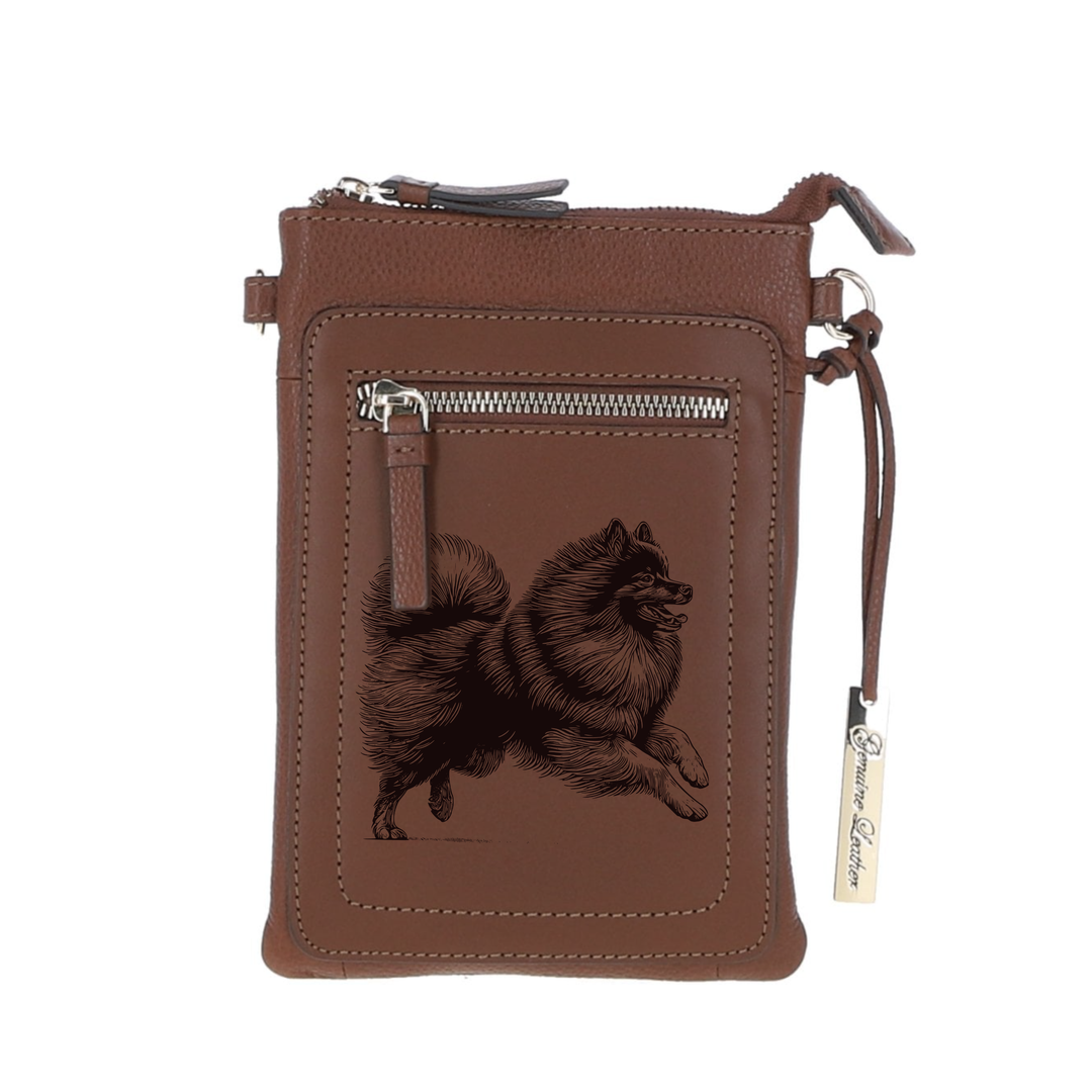Personalised German Spitz Running Engraved Leather Crossbody Smart Phone Bag
