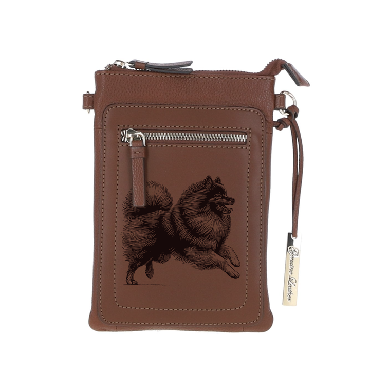 Personalised German Spitz Running Engraved Leather Crossbody Smart Phone Bag