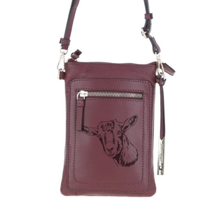 Personalised Goats Face Engraved Leather Crossbody Smart Phone Bag