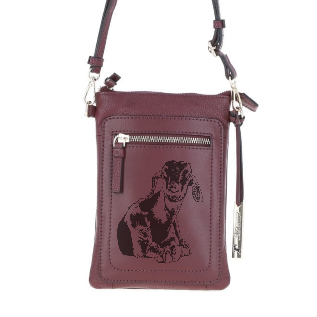 Personalised Sitting Goat Engraved Leather Crossbody Smart Phone Bag