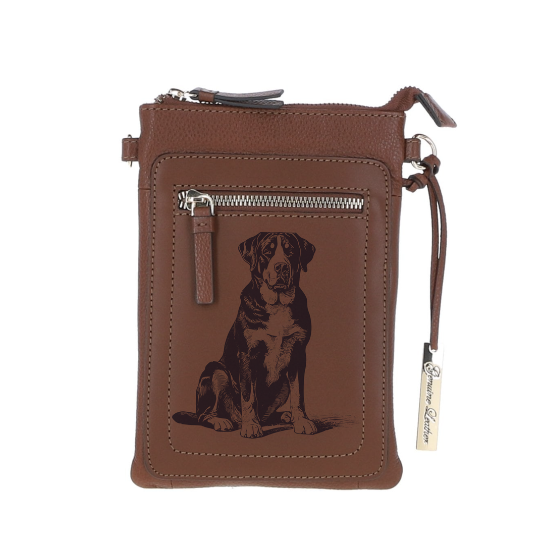 Personalised Great Swiss Mountain Dog Sitting Engraved Leather Crossbody Smart Phone Bag