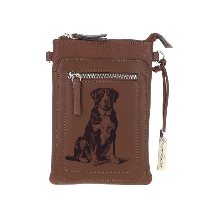 Personalised Great Swiss Mountain Dog Sitting Engraved Leather Crossbody Smart Phone Bag