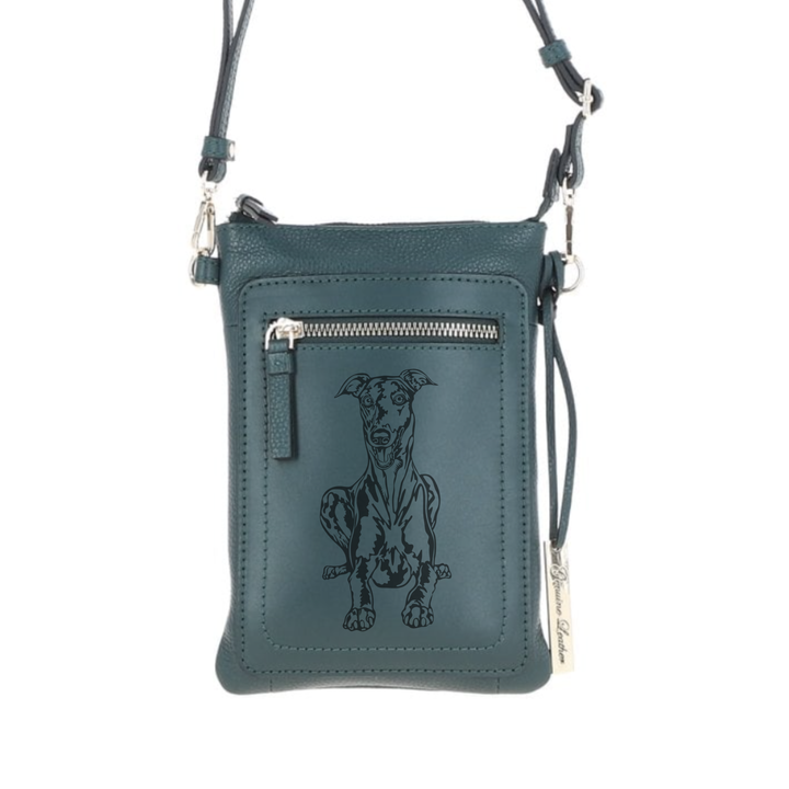 Personalised Greyhound Engraved Leather Crossbody Smart Phone Bag