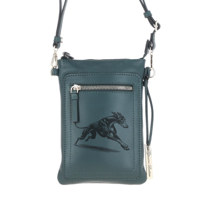 Personalised Greyhound Running Engraved Leather Crossbody Smart Phone Bag