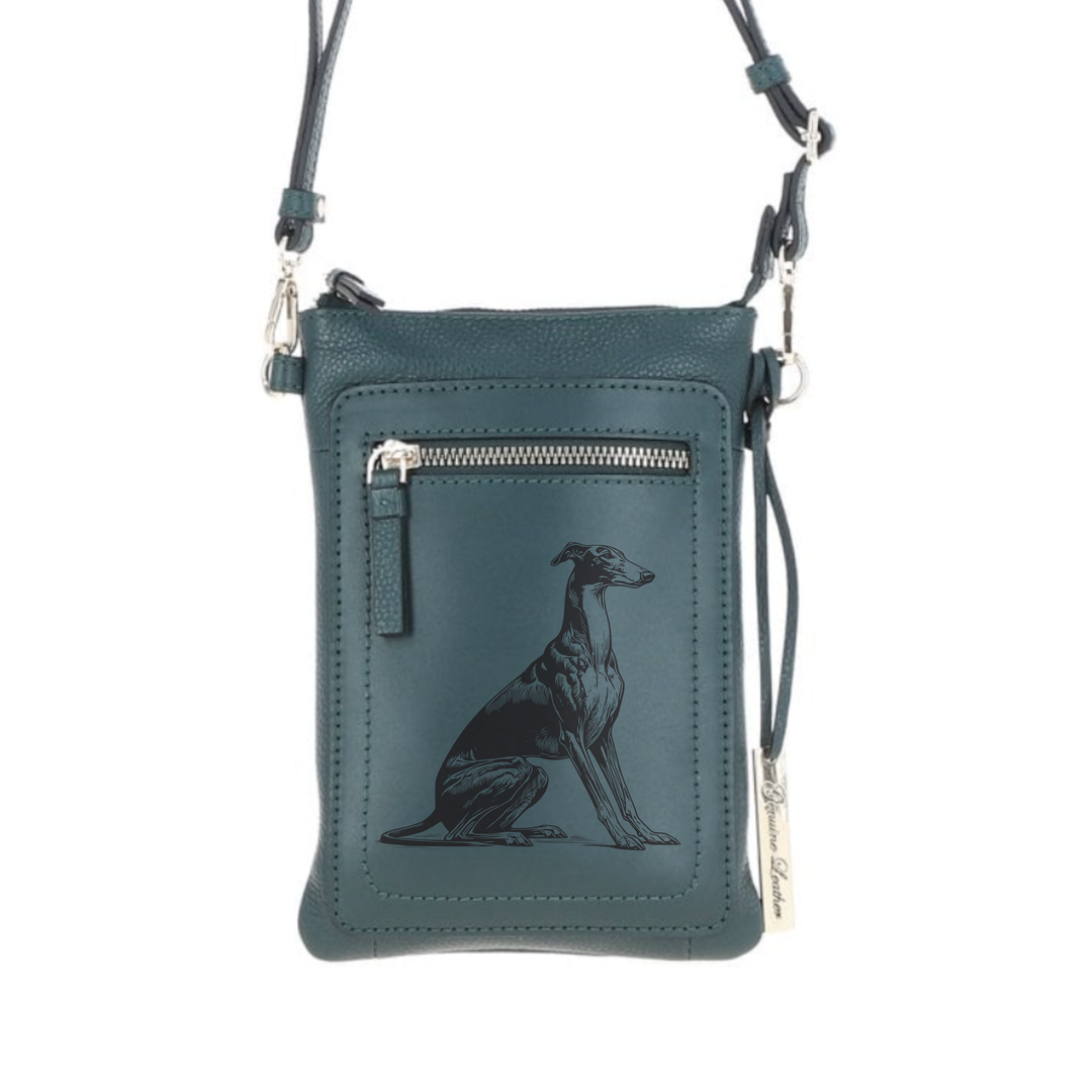 Personalised Greyhound Sitting Engraved Leather Crossbody Smart Phone Bag