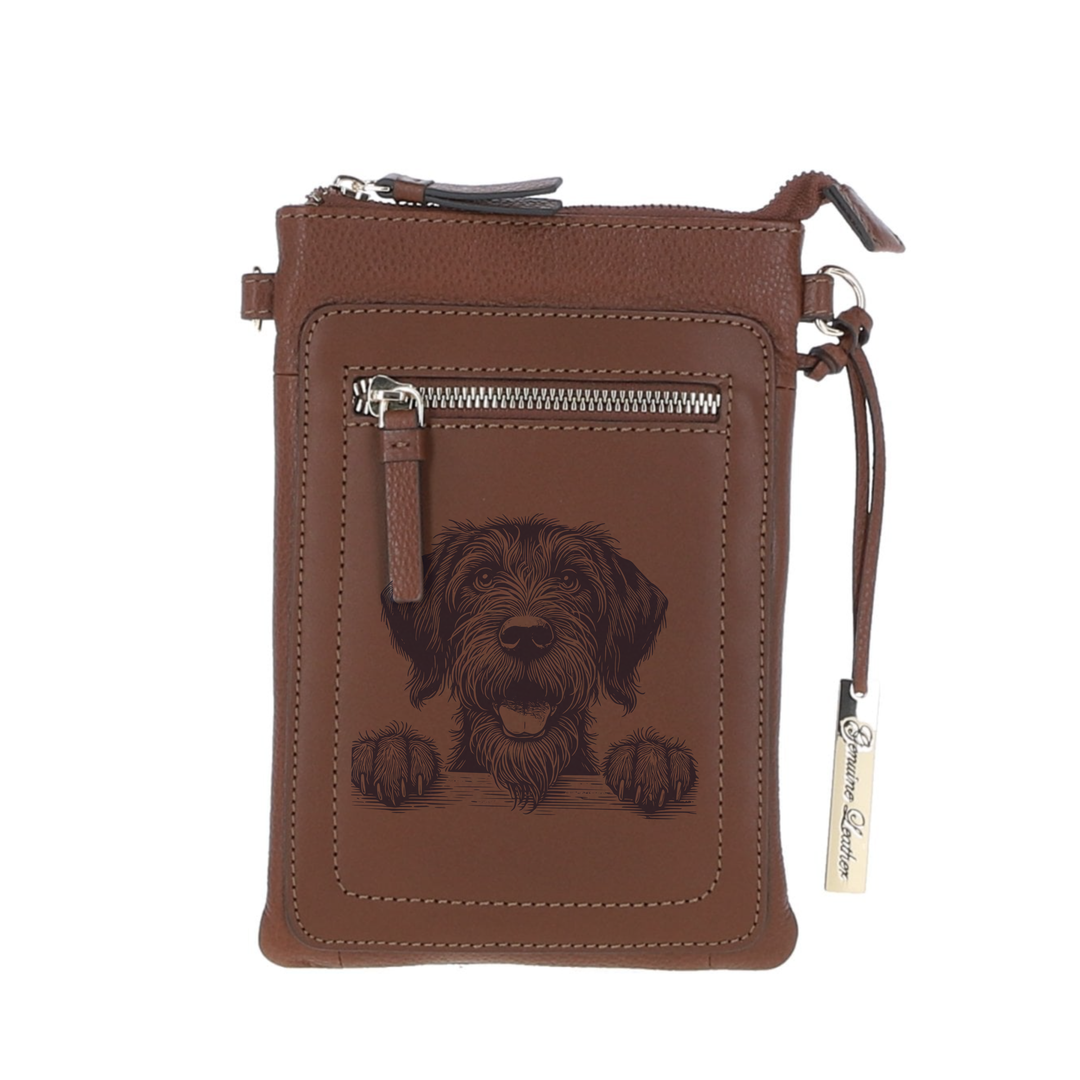 Personalised German Wirehaired Pointer Paws Engraved Leather Crossbody Smart Phone Bag