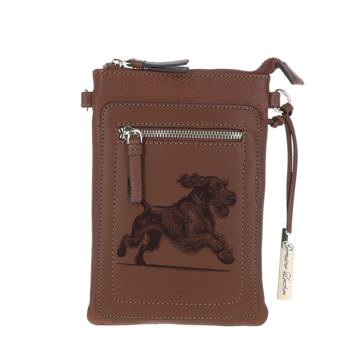 Personalised German Wirehaired Pointer Running Engraved Leather Crossbody Smart Phone Bag