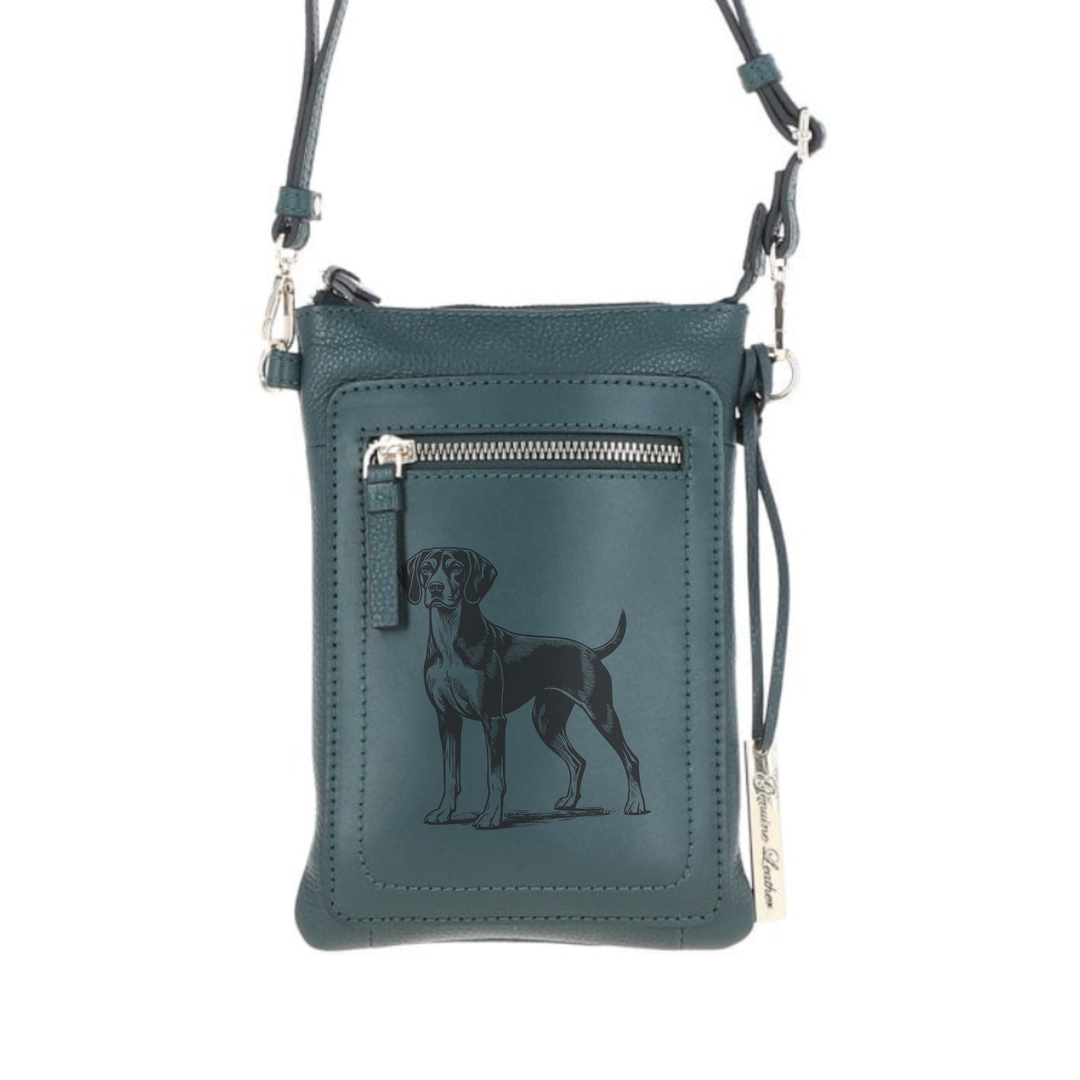 Personalised Harrier Standing Engraved Leather Crossbody Smart Phone Bag