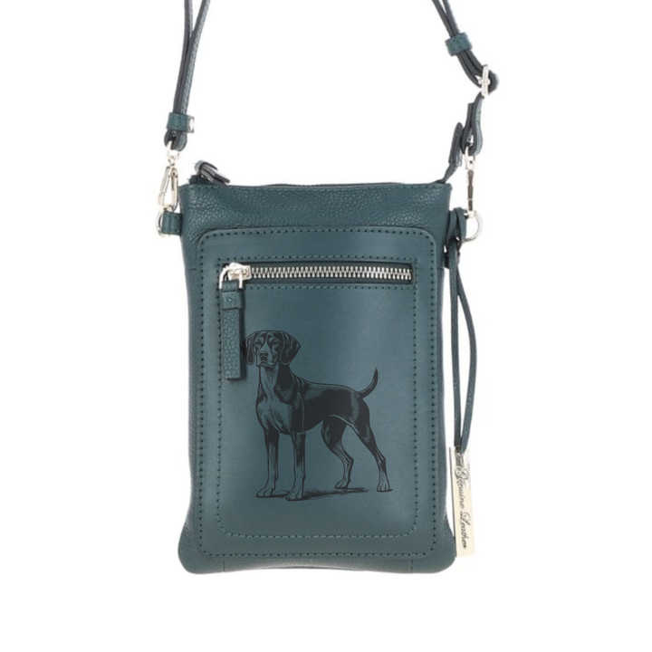 Personalised Harrier Standing Engraved Leather Crossbody Smart Phone Bag