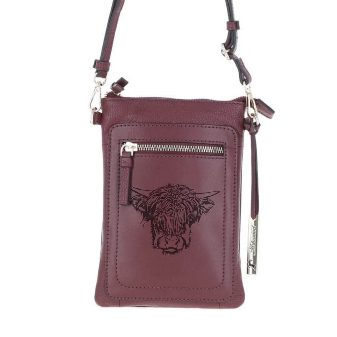 Personalised Highland Cow Face Engraved Leather Crossbody Smart Phone Bag