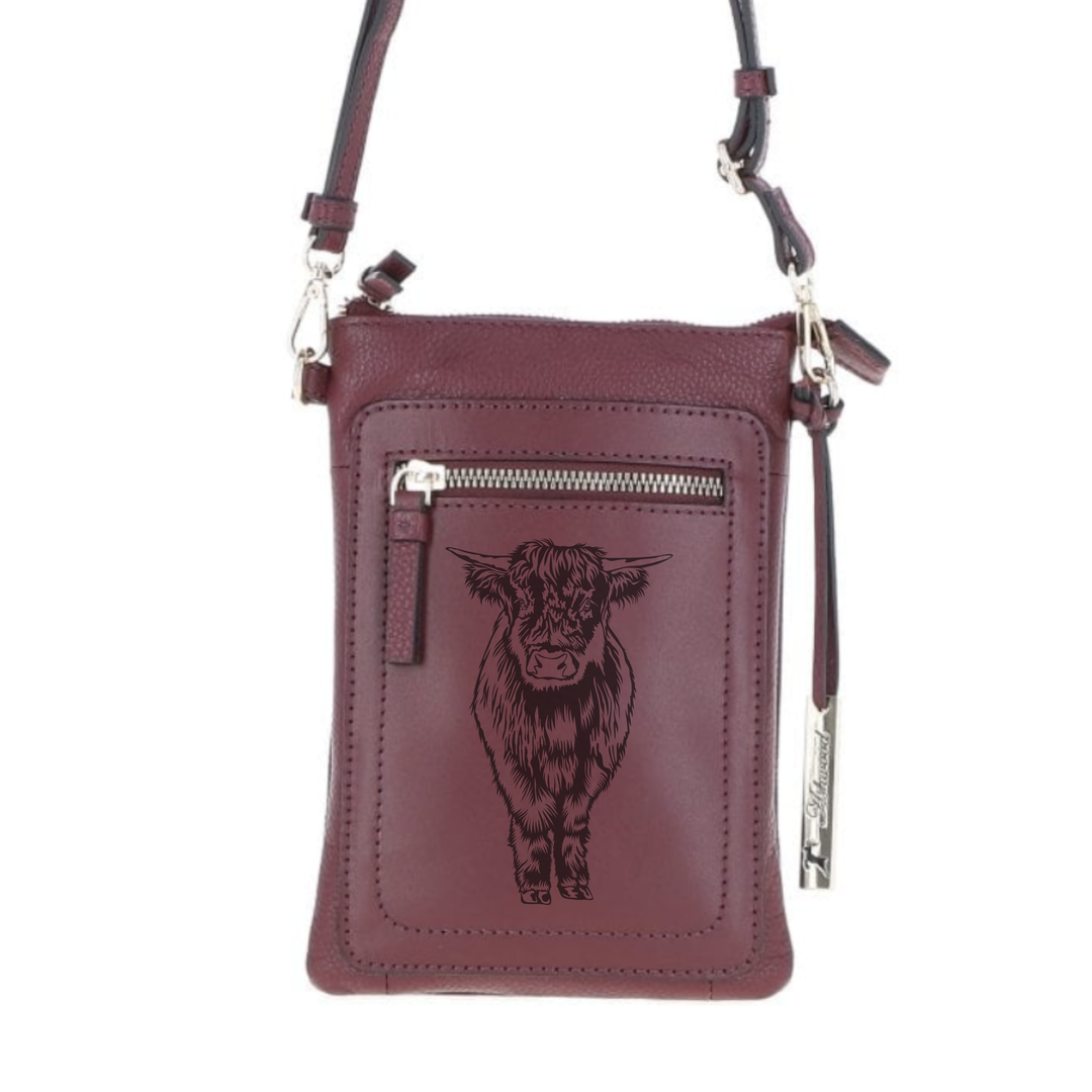 Personalised Highland Cow Engraved Leather Crossbody Smart Phone Bag (Copy)