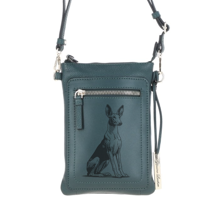 Personalised Ibizan Hound Sitting Engraved Leather Crossbody Smart Phone Bag