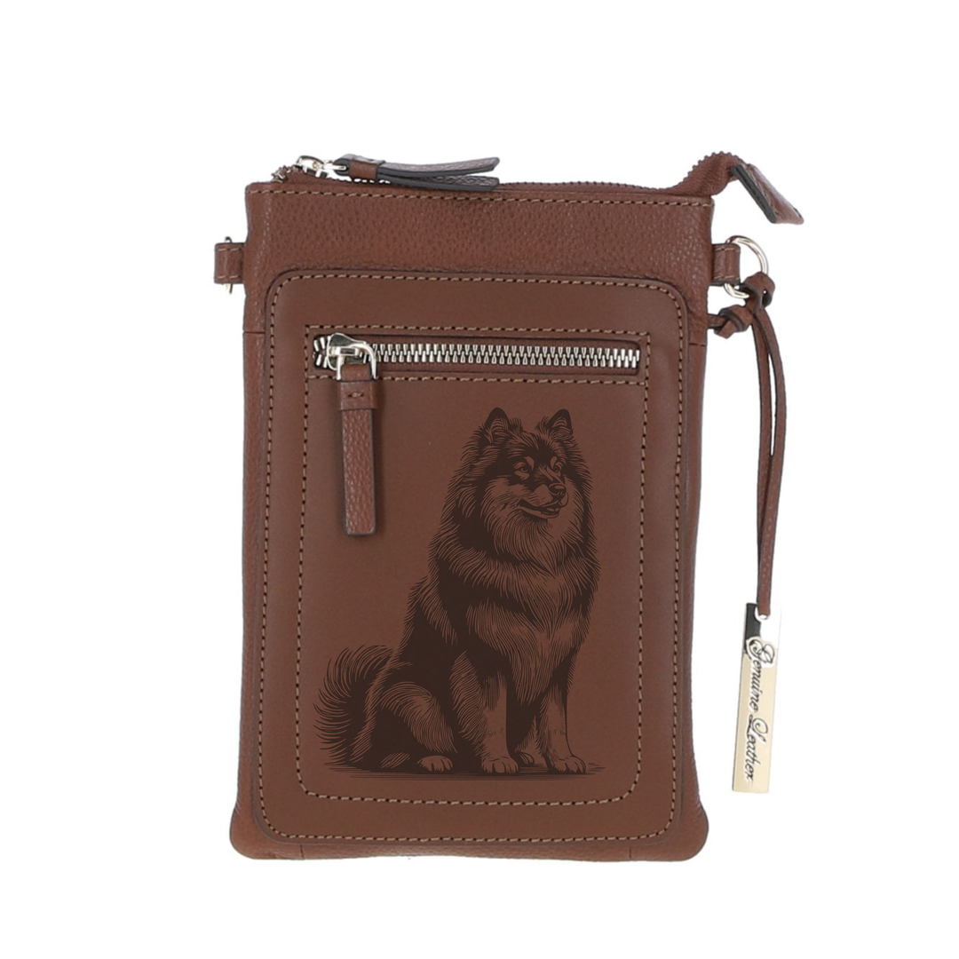 Personalised Icelandic Sheepdog Sitting Engraved Leather Crossbody Smart Phone Bag