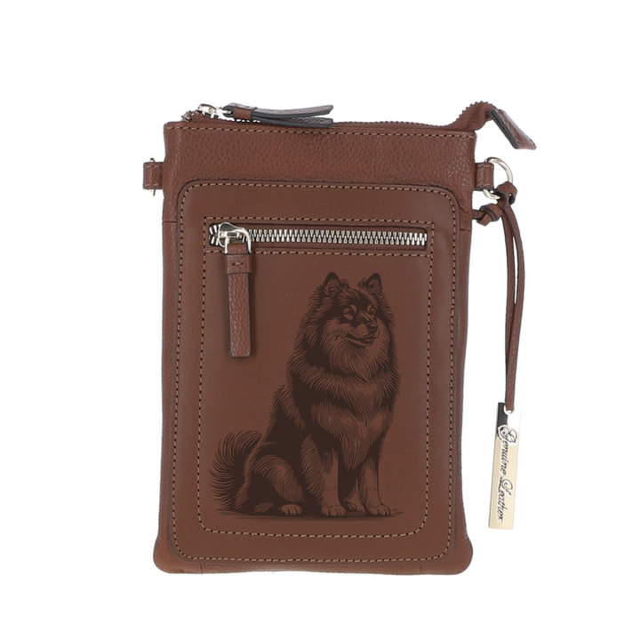 Personalised Icelandic Sheepdog Sitting Engraved Leather Crossbody Smart Phone Bag