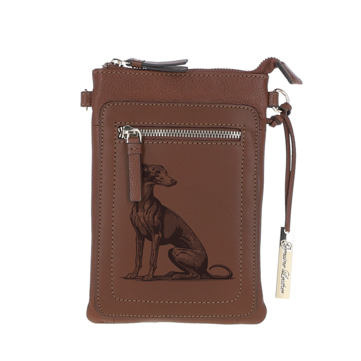 Personalised Italian Greyhound Sitting Engraved Leather Crossbody Smart Phone Bag