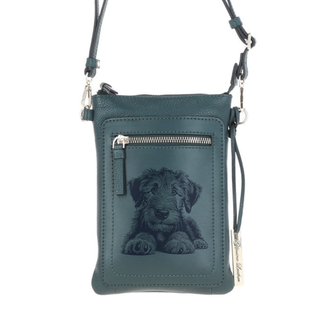 Personalised Irish Wolfhound Puppy Engraved Leather Crossbody Smart Phone Bag