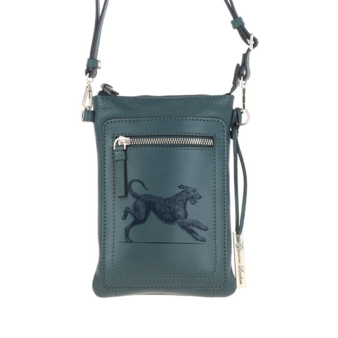 Personalised Irish Wolfhound Running Engraved Leather Crossbody Smart Phone Bag