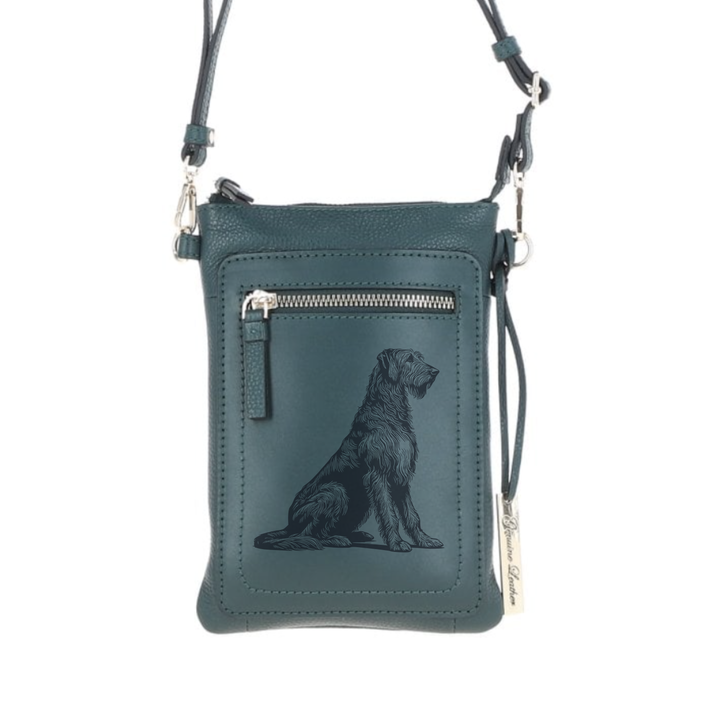 Personalised Irish Wolfhound Sitting Engraved Leather Crossbody Smart Phone Bag