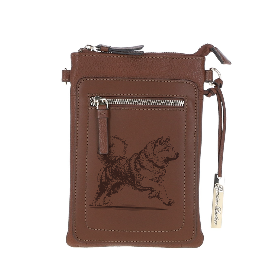 Personalised Japanese Akita Inu Running Engraved Leather Crossbody Smart Phone Bag