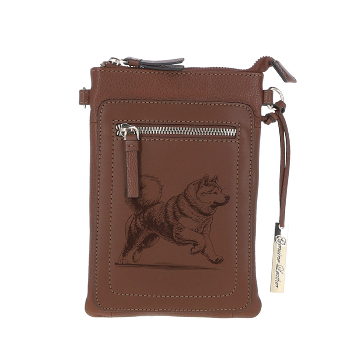 Personalised Japanese Akita Inu Running Engraved Leather Crossbody Smart Phone Bag