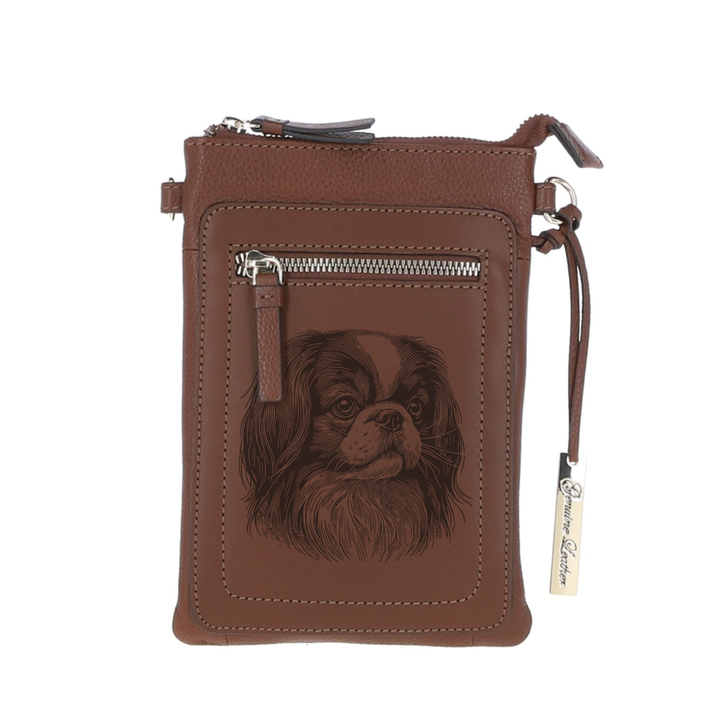 Personalised Japanese Chin Face Engraved Leather Crossbody Smart Phone Bag