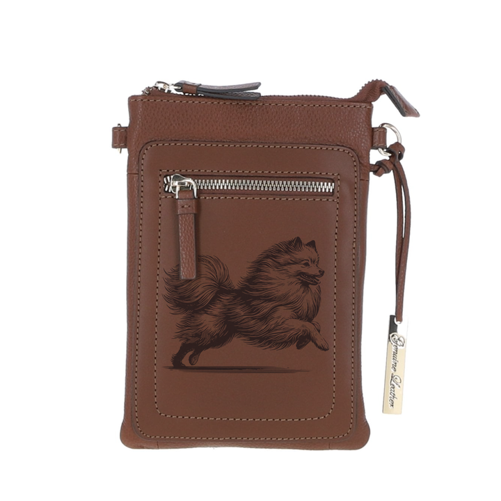 Personalised Japanese Spitz Running Engraved Leather Crossbody Smart Phone Bag