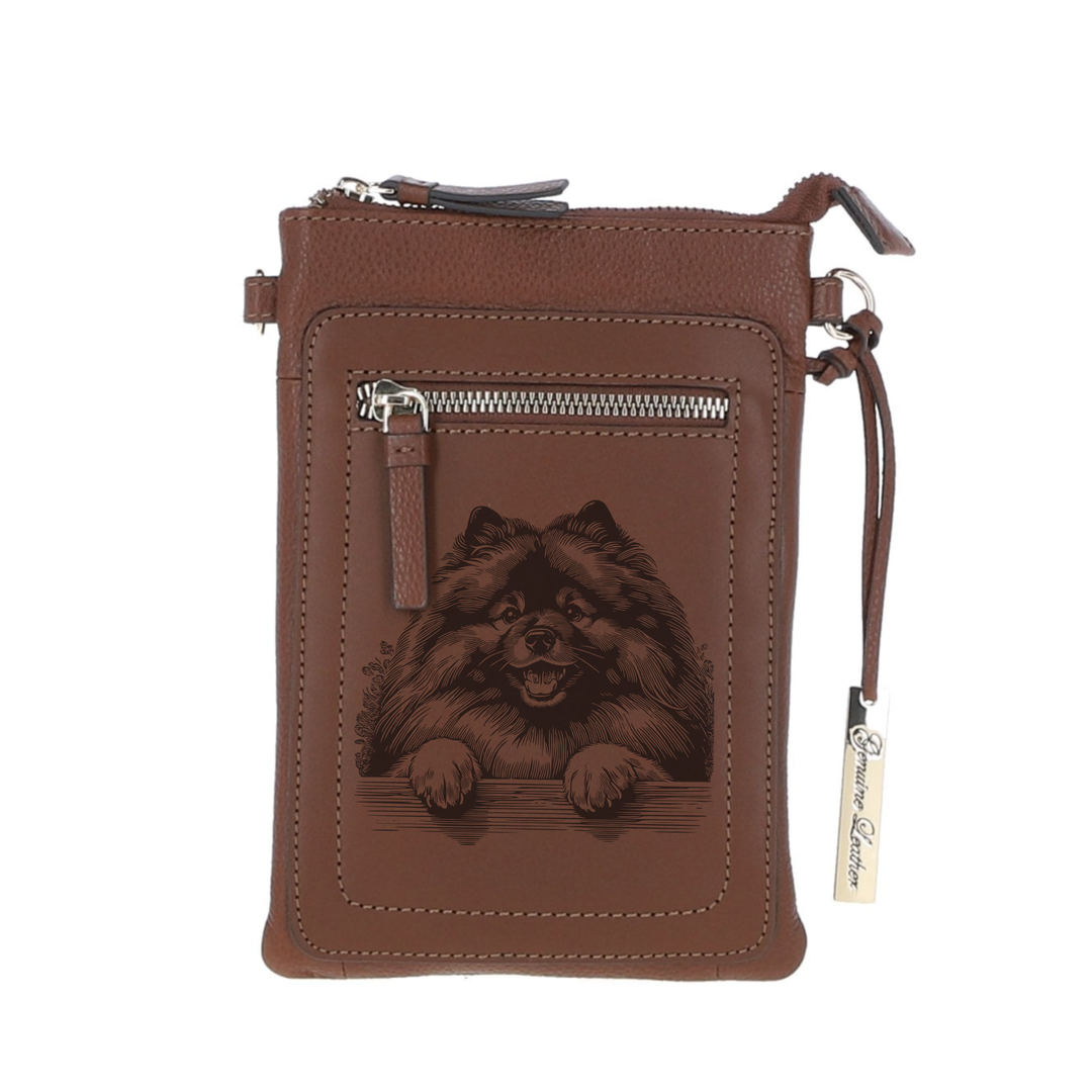 Personalised Keeshond Paws Engraved Leather Crossbody Smart Phone Bag