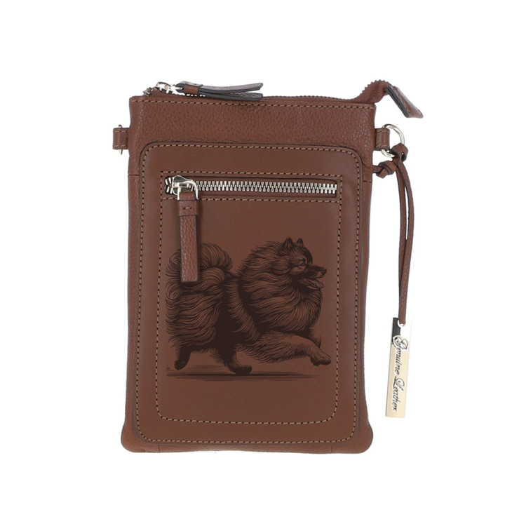 Personalised Keeshond Running Engraved Leather Crossbody Smart Phone Bag