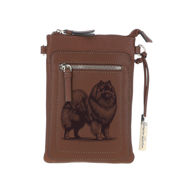Personalised Keeshond Standing Engraved Leather Crossbody Smart Phone Bag