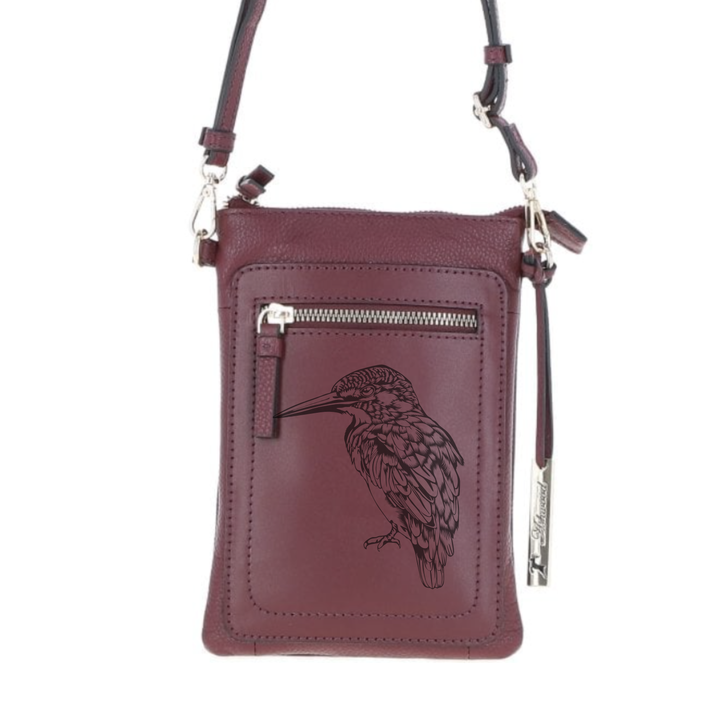 Personalised Kingfisher Engraved Leather Crossbody Smart Phone Bag