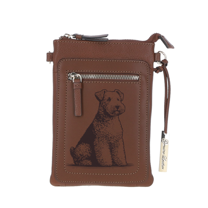 Personalised Lakeland Terrier Sitting Engraved Leather Crossbody Smart Phone Bag