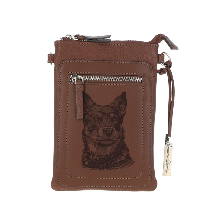 Personalised Lancashire Heeler Face Engraved Leather Crossbody Smart Phone Bag