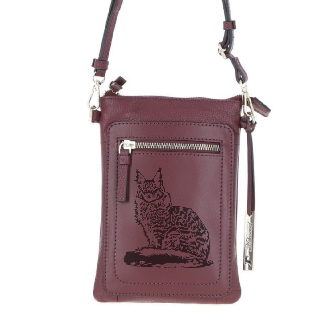 Personalised Maine Coon Engraved Leather Crossbody Smart Phone Bag