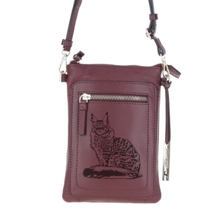 Personalised Maine Coon Engraved Leather Crossbody Smart Phone Bag