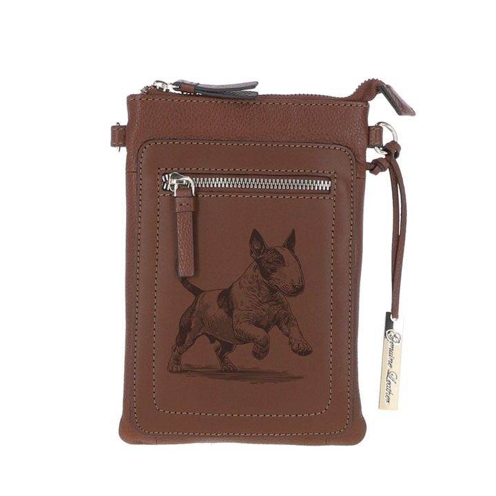 Personalised Miniature Bull Terrier Running Engraved Leather Crossbody Smart Phone Bag