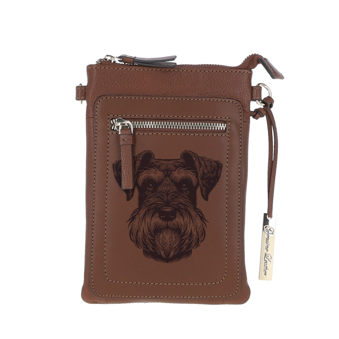 Personalised Miniature Schnauzer Face Engraved Leather Crossbody Smart Phone Bag