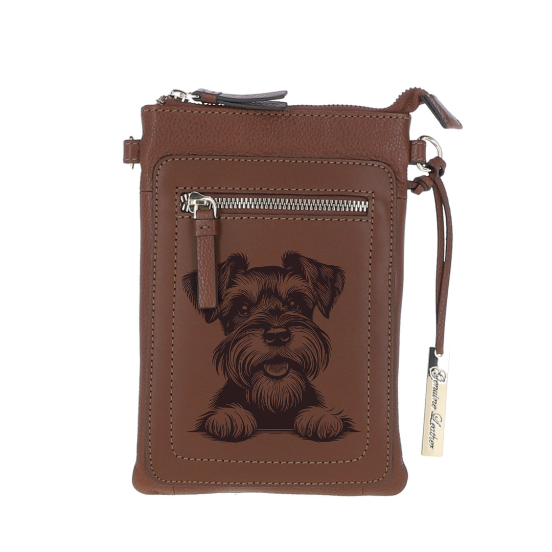 Personalised Miniature Schnauzer Paws Engraved Leather Crossbody Smart Phone Bag