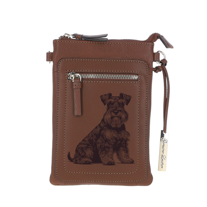 Personalised Miniature Schnauzer Sitting Engraved Leather Crossbody Smart Phone Bag
