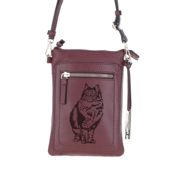 Personalised Norwegian Forest Cat Engraved Leather Crossbody Smart Phone Bag