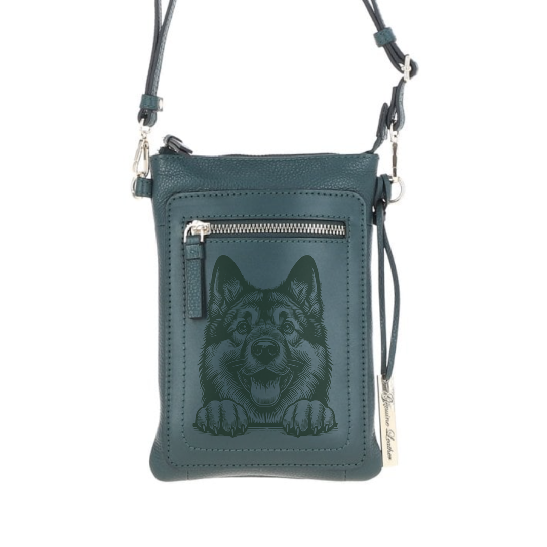 Personalised Norwegian Elkhound Paws Engraved Leather Crossbody Smart Phone Bag