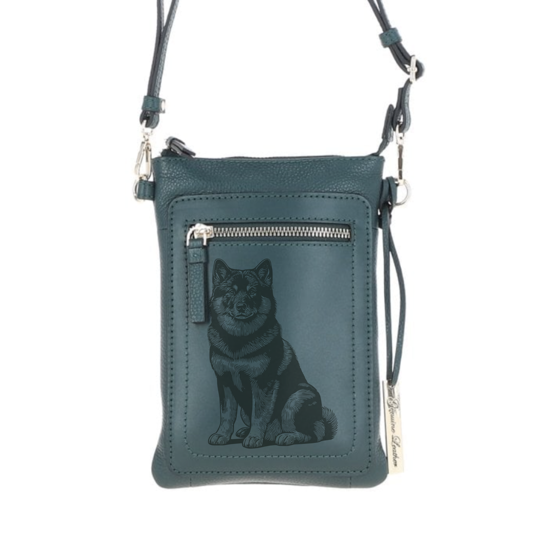 Personalised Norwegian Elkhound Sitting Engraved Leather Crossbody Smart Phone Bag