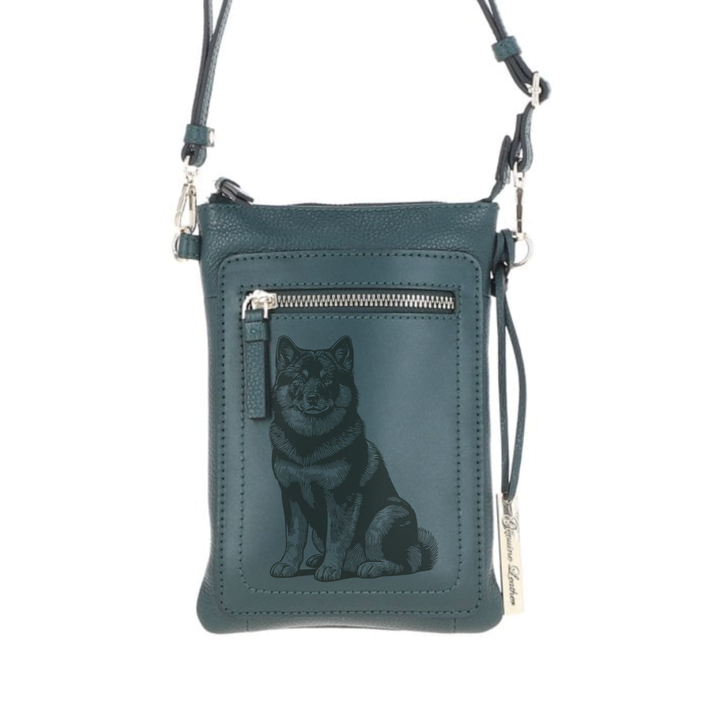 Personalised Norwegian Elkhound Sitting Engraved Leather Crossbody Smart Phone Bag
