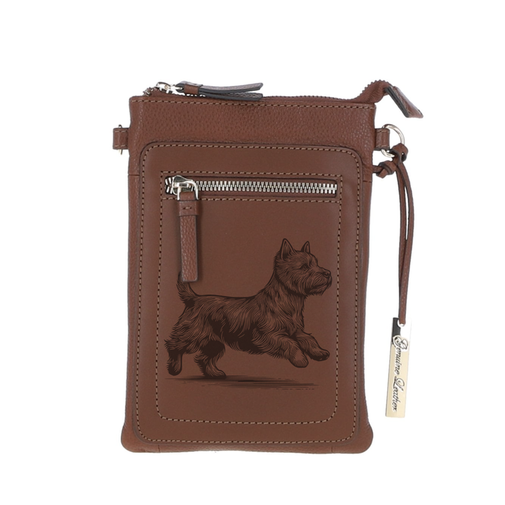 Personalised Norwich Terrier Running Engraved Leather Crossbody Smart Phone Bag