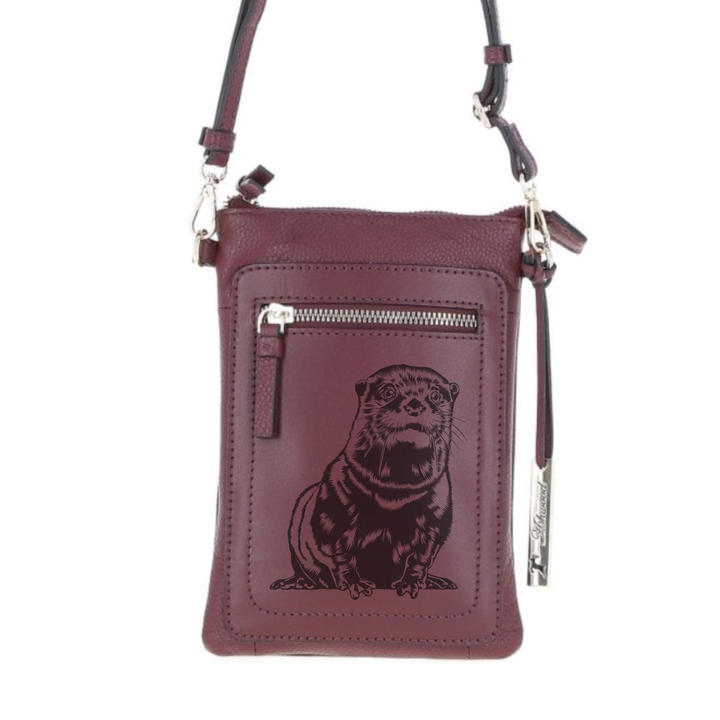 Personalised Otter Engraved Leather Crossbody Smart Phone Bag