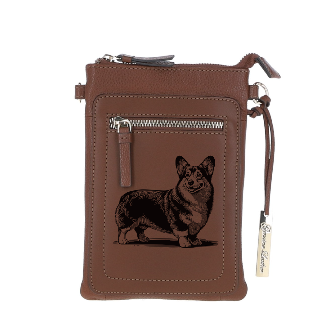 Personalised Pembroke Welsh Corgi Standing Engraved Leather Crossbody Smart Phone Bag